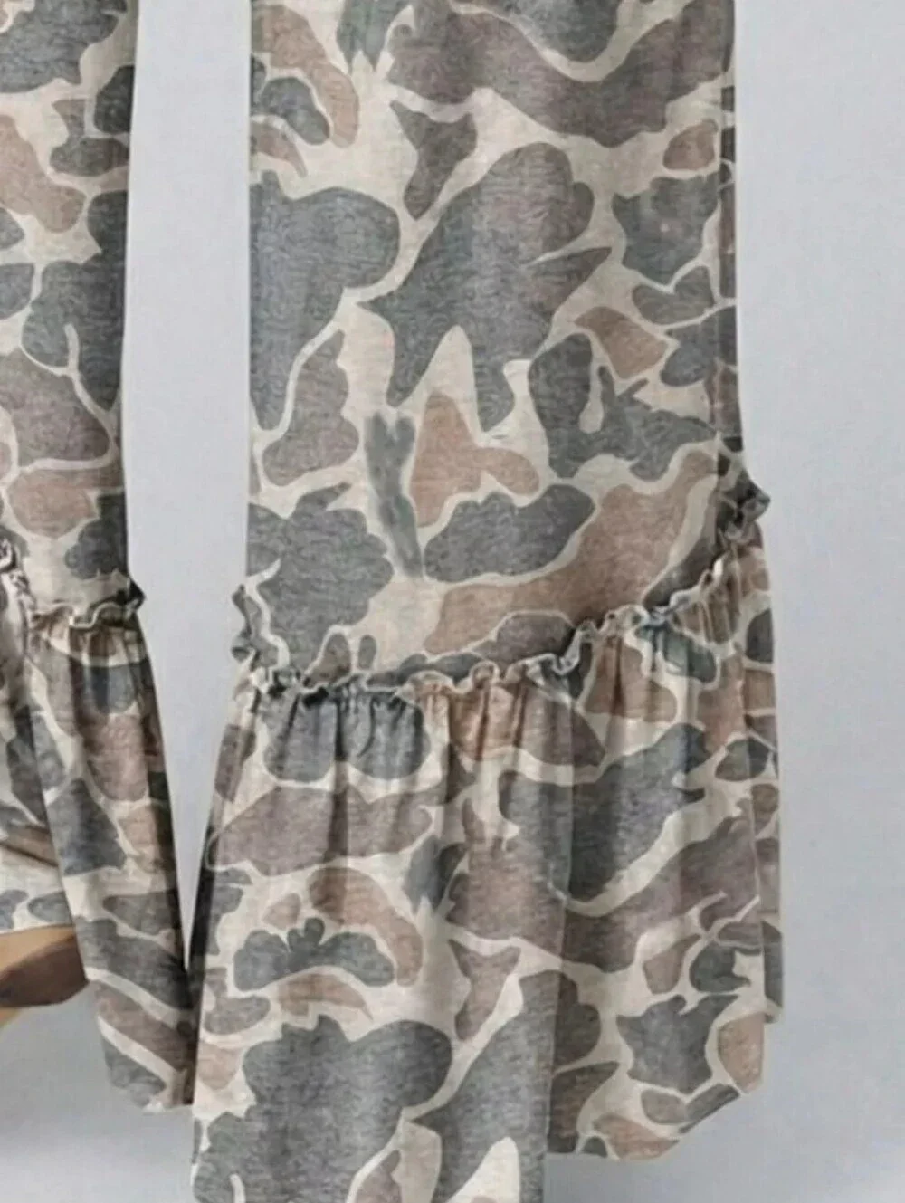 Wide Leg Ruffle Hem Pants in Beige & Gray Camo Multiple Sizes - Picture 3 of 3